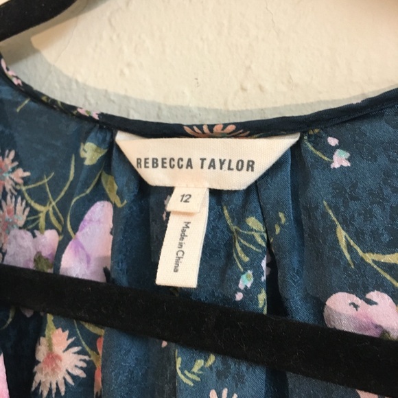 Rebecca Taylor 100% Silk Flutter Sleeve Blouse Size 12 Floral Green Pink V- neck - Picture 2 of 8